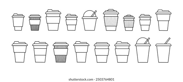 Coffee cup line and flat style. Disposable coffee cup. Coffee paper cup container for hot and cold drink juice tea cocoa. Vector