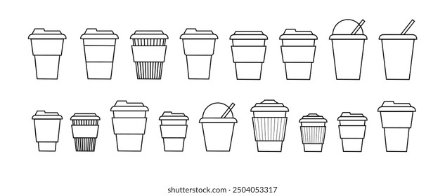 Línea de taza de café y estilo plano. Taza de café desechable. Contenedor de taza de papel de café para bebidas calientes y frías jugo té cacao. Vector