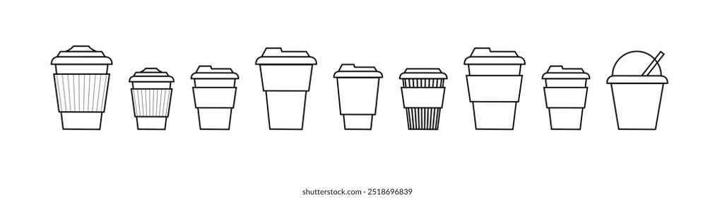 Coffee cup line and flat style. Disposable coffee cup. Coffee paper cup container for hot and cold drink juice tea cocoa. Vector