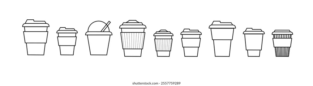 Coffee cup line and flat style. Disposable coffee cup. Coffee paper cup container for hot and cold drink juice tea cocoa. Vector