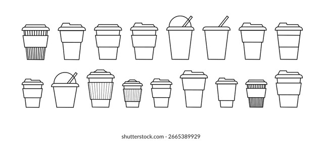 Línea de taza de café y estilo plano. Taza de café desechable. Contenedor de taza de papel de café para bebidas calientes y frías jugo té cacao. Vector