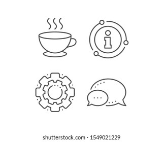 Coffee cup line icon. Chat bubble, info sign elements. Hot cappuccino sign. Tea drink mug symbol. Linear coffee cup outline icon. Information bubble. Vector