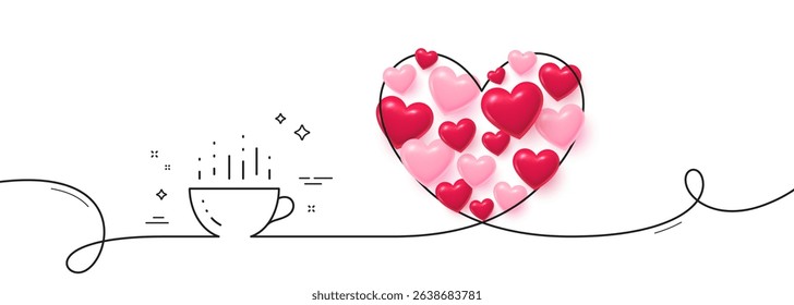 Coffee cup line icon. Continuous line big heart. Hot cappuccino sign. Tea drink mug symbol. 3d hearts in heart shaped loop. Coffee cup single line ribbon. Loop curve pattern. Vector
