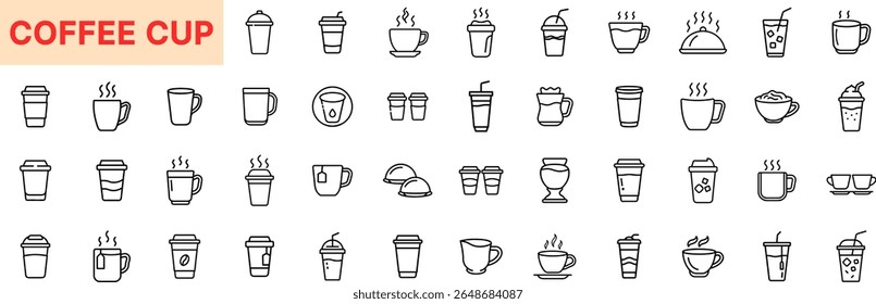 Coffee Cup Line Icon Design Featuring Mugs, Paper Cups, Espresso Shots, To-Go Lids, Hot Drinks, Cream Toppings, Cappuccino Glasses, Steaming Beverages, Stirring Sticks, and Coffee Bean Symbols