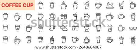 Coffee Cup Line Icon Design Featuring Mugs, Paper Cups, Espresso Shots, To-Go Lids, Hot Drinks, Cream Toppings, Cappuccino Glasses, Steaming Beverages, Stirring Sticks, and Coffee Bean Symbols