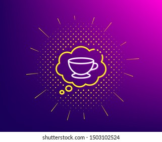 Coffee cup line icon. Halftone pattern. Hot cappuccino sign. Speech bubble symbol. Gradient background. Coffee cup line icon. Yellow halftone pattern. Vector
