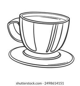 Coffee cup line icon. Hand drawn retro espresso glass mug and saucer, latte and cappuccino serve. Coffee break, breakfast mascot, outline side view of aroma morning drink icon vector illustration