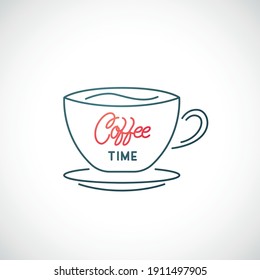 Coffee cup line icon isolated on white background. Coffee time lettering. Cafe emblem. Stock vector illustration.