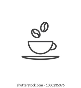 Coffee cup line icon. linear style sign for mobile concept and web design. Coffee beans and cup with saucer outline vector icon. Coffee shop symbol, logo illustration. Pixel perfect vector graphics