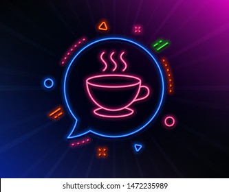 Coffee cup line icon. Neon laser lights. Hot cappuccino sign. Tea drink mug symbol. Glow laser speech bubble. Neon lights chat bubble. Banner badge with coffee cup icon. Vector