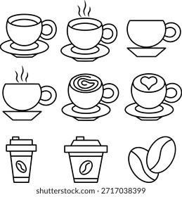 Conjunto de iconos de línea de taza de café. Icono de bebida caliente. Estilo de contorno para cafetería.