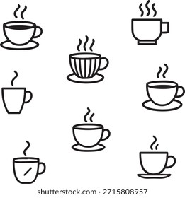 Conjunto de iconos de línea de taza de café, ilustración de contorno de bebida caliente mínima