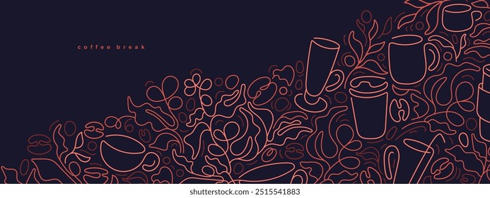 Coffee cup line template. Aroma plantation, raw bean, abstract silhouette of glass. Vector illustration for cafe shop design, textile print, menu. Nature background