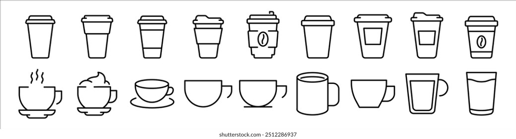 Coffee cup line web icons. Disposable coffee cup. Coffee paper cup, plastic container for hot and cold drink, juice, tea. Vector illustration