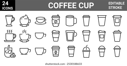 Coffee cup line web icons. Disposable coffee cup. Coffee paper cup, plastic container for hot and cold drink, juice, tea. Vector illustration