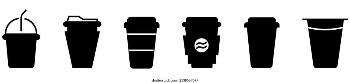 Coffee cup line web icons. Disposable coffee cup. Coffee paper cup, plastic container for hot and cold drink, juice, tea. Vector illustration