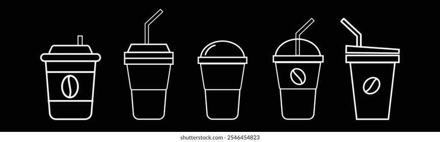 Coffee cup line web icons set. Disposable coffee cup. Coffee paper cup, plastic container for hot and cold drink, juice, tea. Vector illustration.