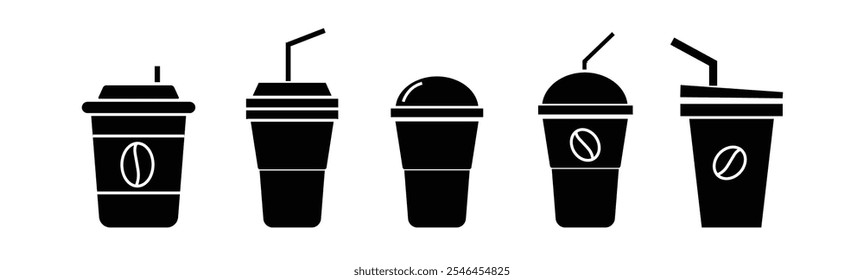 Coffee cup line web icons set. Disposable coffee cup. Coffee paper cup, plastic container for hot and cold drink, juice, tea. Vector illustration.