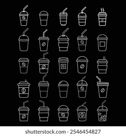 Coffee cup line web icons set. Disposable coffee cup. Coffee paper cup, plastic container for hot and cold drink, juice, tea. Vector illustration.