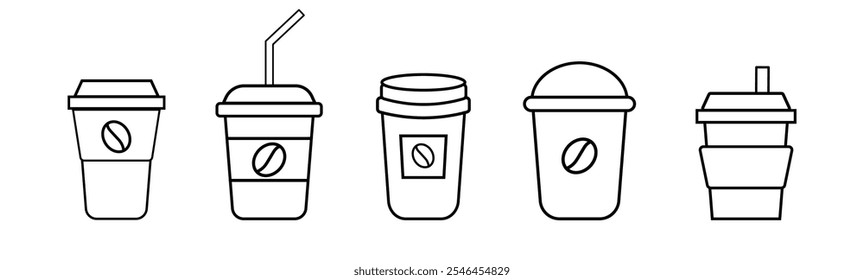 Conjunto de iconos web de línea de taza de café. Taza de café desechable. Taza de papel de café, envase plástico para la bebida caliente y fría, jugo, té. Ilustración vectorial.