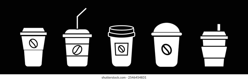 Coffee cup line web icons set. Disposable coffee cup. Coffee paper cup, plastic container for hot and cold drink, juice, tea. Vector illustration.