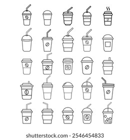 Coffee cup line web icons set. Disposable coffee cup. Coffee paper cup, plastic container for hot and cold drink, juice, tea. Vector illustration.