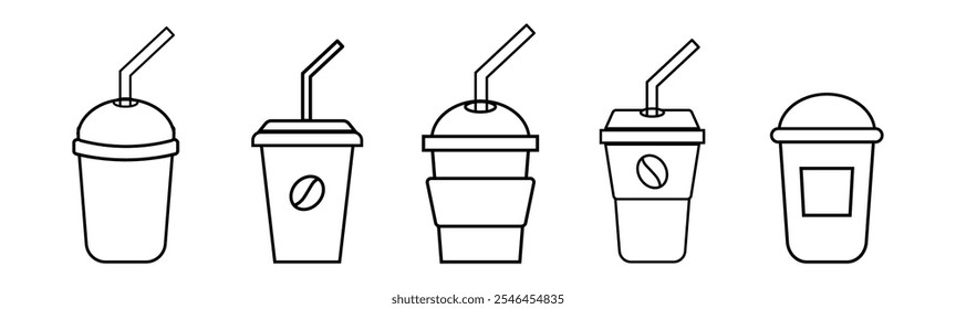 Coffee cup line web icons set. Disposable coffee cup. Coffee paper cup, plastic container for hot and cold drink, juice, tea. Vector illustration.