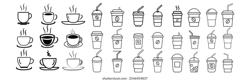 Coffee cup line web icons set. Disposable coffee cup. Coffee paper cup, plastic container for hot and cold drink, juice, tea. Vector illustration.