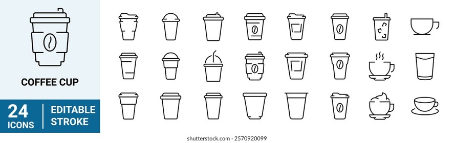 Coffee cup line web icons. Disposable coffee cup. Coffee paper cup, plastic container for hot and cold drink, juice, tea. Vector illustration