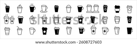 Coffee cup line web icons. Coffee paper cup, plastic container for hot and cold drink, juice, tea. Disposable cup.Vector illustration