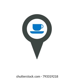 Coffee cup location pin place pointer tea icon. Navigation travel direction pointer.