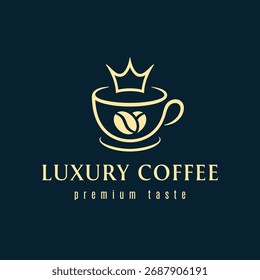 Logotipo De La Taza De Café, Grano De Café Y Logotipo Del Vector De La Corona En La Espalda Azul