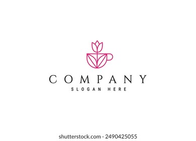 coffee cup logo with beautiful roses in pink color line art design concept