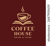 Coffee Cup Logo, Coffee And Book Vector Logo On Red Back