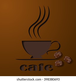 Coffee cup. Logo cut from paper. A symbol cafe. Coffee color. Three coffee beans.
