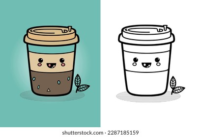 Coffee Cup Logo, Cute Coffee Cup Cartoon line art colorful Vector Illustration, Coffee cup icon design, Flat carton style, Food and drink icon
