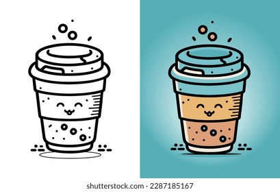 Coffee Cup Logo, Cute Coffee Cup Cartoon line art colorful Vector Illustration, Coffee cup icon design, Flat carton style, Food and drink icon
