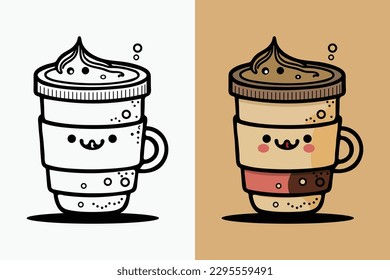 Coffee Cup Logo, Cute Coffee Cup Cartoon line art colorful Vector Illustration, Coffee cup icon design, Flat carton style, Food and drink icon
