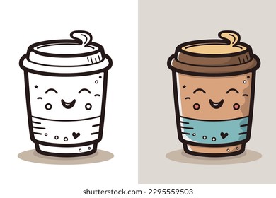 Coffee Cup Logo, Cute Coffee Cup Cartoon line art colorful Vector Illustration, Coffee cup icon design, Flat carton style, Food and drink icon
