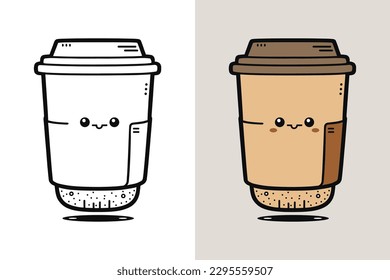 Coffee Cup Logo, Cute Coffee Cup Cartoon line art colorful Vector Illustration, Coffee cup icon design, Flat carton style, Food and drink icon
