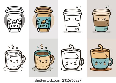 Coffee Cup Logo design bundle, Cute Coffee Cup character design bundle, Colorful coffee cup icon design, Food and drink vector illustration, Line art coffee cup illustration,