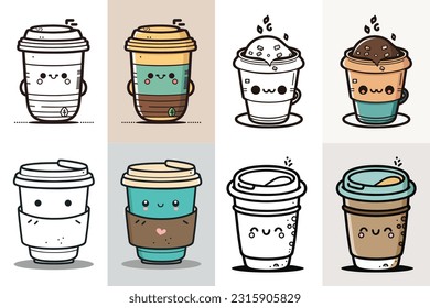 Coffee Cup Logo design bundle, Cute Coffee Cup character design bundle, Colorful coffee cup icon design, Food and drink vector illustration, Line art coffee cup illustration,