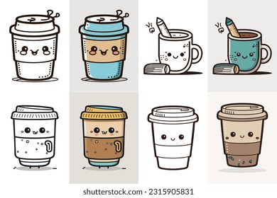 Coffee Cup Logo design bundle, Cute Coffee Cup character design bundle, Colorful coffee cup icon design, Food and drink vector illustration, Line art coffee cup illustration,