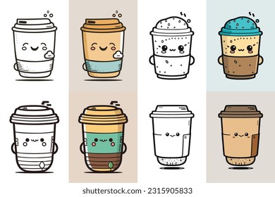 Coffee Cup Logo design bundle, Cute Coffee Cup character design bundle, Colorful coffee cup icon design, Food and drink vector illustration, Line art coffee cup illustration,
