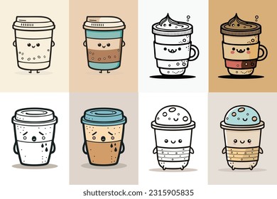Paquete de diseño de logotipo de la copa de café, paquete de diseño de caracteres de la copa de café, diseño de icono de la taza de café colorida, ilustración de vector de comida y bebida, ilustración de la taza de café de arte de línea,