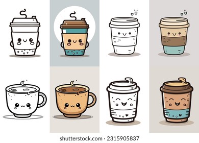 Paquete de diseño de logotipo de la copa de café, paquete de diseño de caracteres de la copa de café, diseño de icono de la taza de café colorida, ilustración de vector de comida y bebida, ilustración de la taza de café de arte de línea,