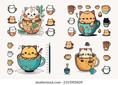 Coffee Cup Logo design bundle, Cute Coffee Cup character design bundle, Colorful coffee cup icon design, Food and drink vector illustration, Line art coffee cup illustration,