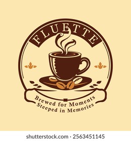 Coffee cup logo design featuring steam over beans in a warm, inviting style. A logo showcases a steaming coffee cup placed on a saucer with coffee beans.