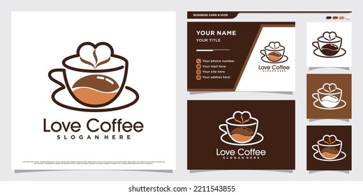 Coffee cup logo design illustration for coffee lovers with heart element and business card template