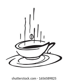 Coffee cup logo design with outline contour, hand drawn illustration. Hot caffeine drink in a mug, with a small bean above, simple silhouette symbol.